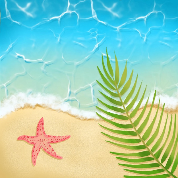 playa dibujada a mano con la orilla del mar y la ilustración de estrellas de mar