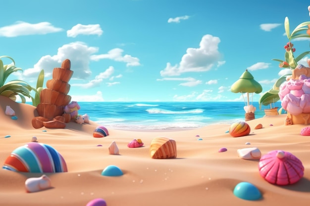 Playa de dibujos animados con ilustración de estilo 3D de cielo azul