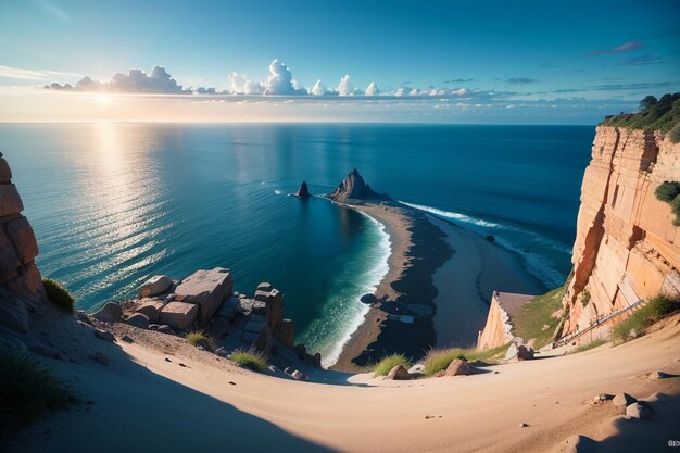 Una playa con una duna de arena y un atardecer de fondo