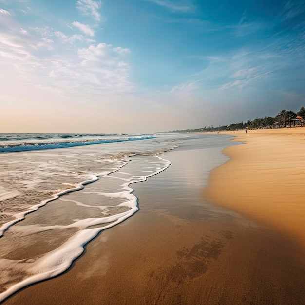 Una playa con una duna de arena y una ola de agua.