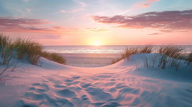 Foto una playa con dunas de arena y una puesta de sol