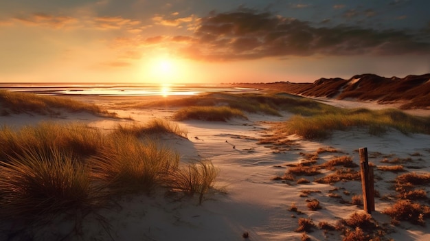 una playa con dunas de arena y una puesta de sol