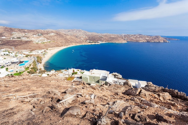 La playa de Elia en la isla de Mykonos, Cícladas en Grecia