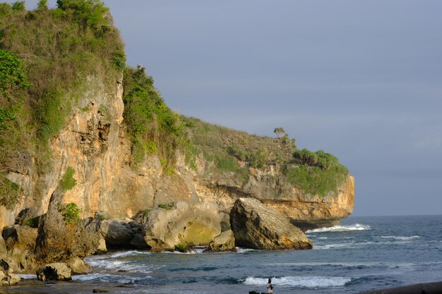 playa empinada. paredes de acantilados costeros de piedra caliza. arbustos verdes en el acantilado. las olas del mar. ondulado grande