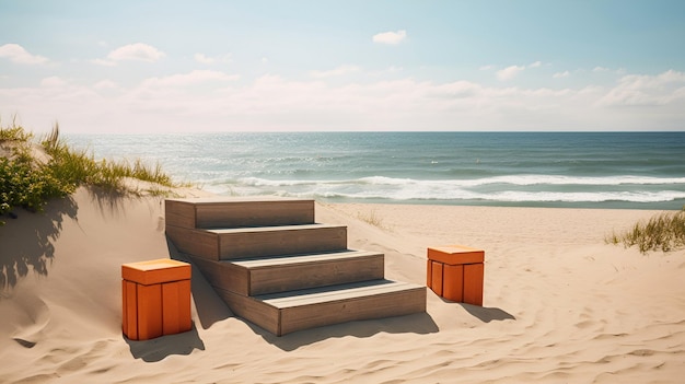 Una playa con escalones y una silla de playa.
