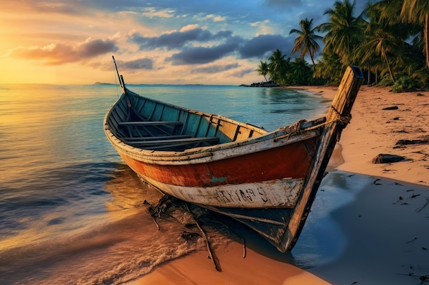 Playa escénica al atardecer con bote de madera