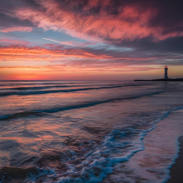 Foto una playa con un faro en el horizonte y una puesta de sol en el fondo