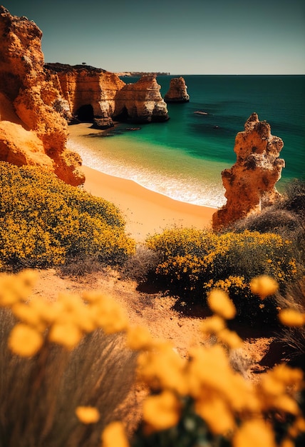 Una playa con flores amarillas y el mar de fondo