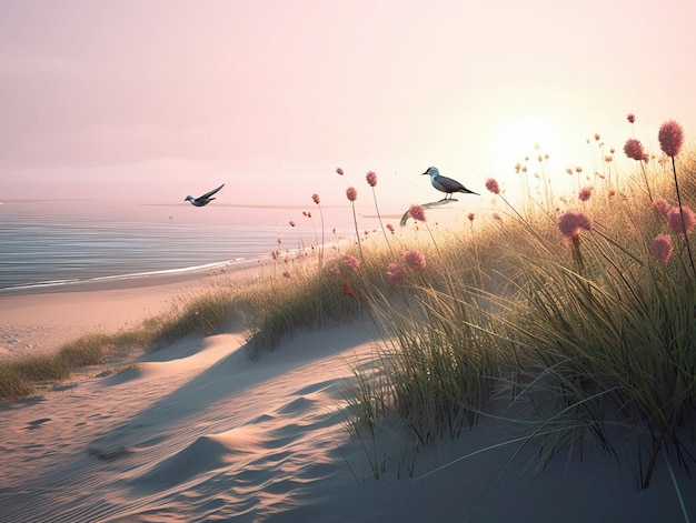 Foto una playa con flores y pájaros volando en el cielo