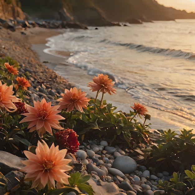 una playa con flores y rocas en la orilla