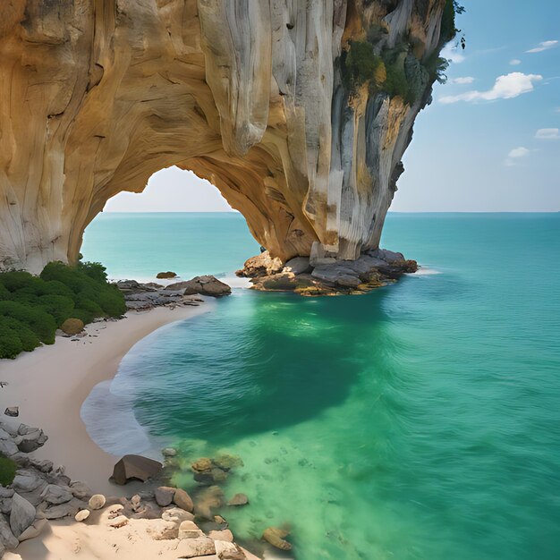 Una playa con una formación rocosa y una playa con una playa en el fondo