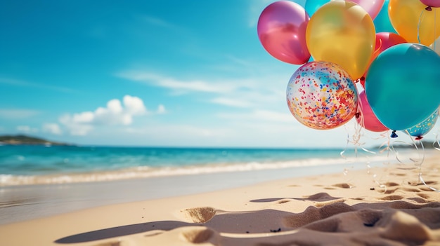 En la playa los globos vívidos se elevan en medio de un telón de fondo de alegría y deseos de cumpleaños con espacio de copia IA generativa