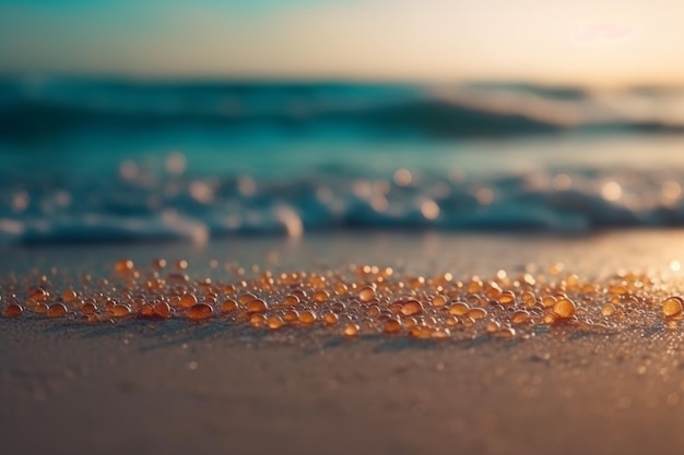 Una playa con gotas de arena y agua