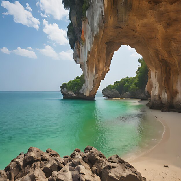 una playa con un gran arco que dice el nombre del mar