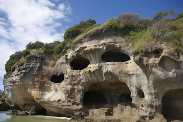 Una playa con una gran formación rocosa llamada cuevas.