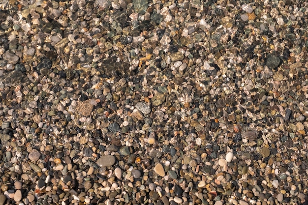 Playa de guijarros, guijarros mojados marrones cubiertos por una ola.