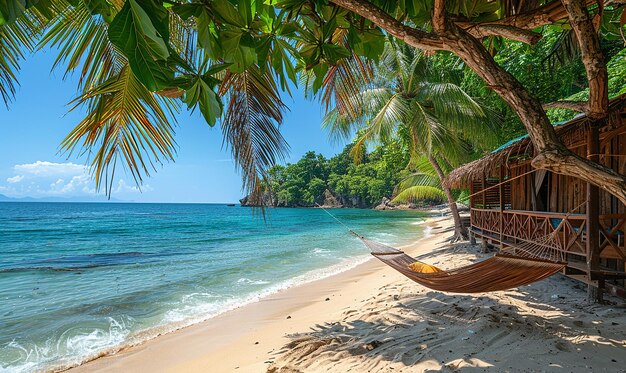 una playa con una hamaca y una palmera en el lado