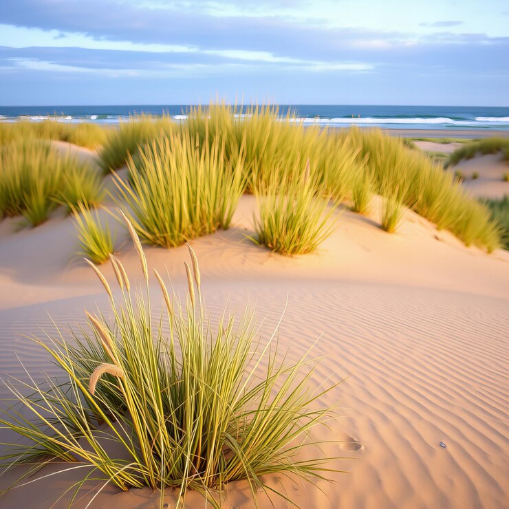 una playa con hierba y un letrero que dice la palabra en la parte inferior