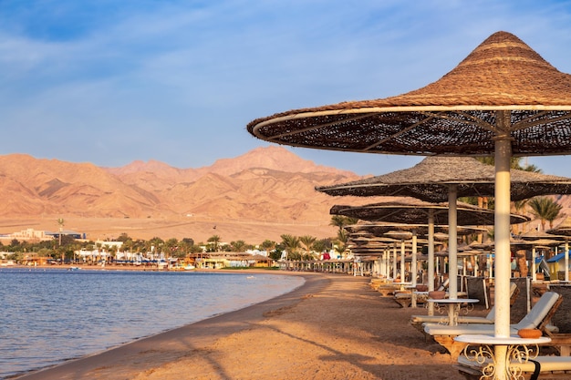 Playa del hotel con filas de tumbonas bajo sombrillas de paja contra las montañas Dahab Egipto