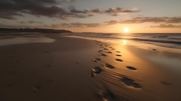 Una playa con huellas en la arena al atardecer.