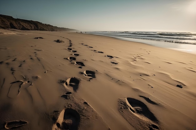 Foto una playa con huellas en la arena y la puesta de sol