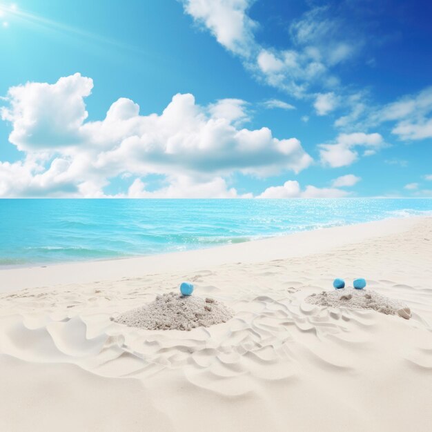 Una playa con un huevo azul en la arena y el océano al fondo.