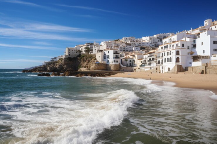 Foto una playa en ibiza con edificios blancos y un cielo azul