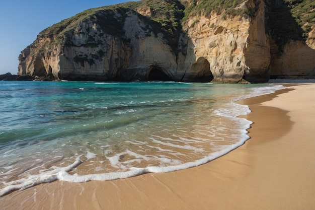 Playa idílica con altos acantilados y mar turquesa