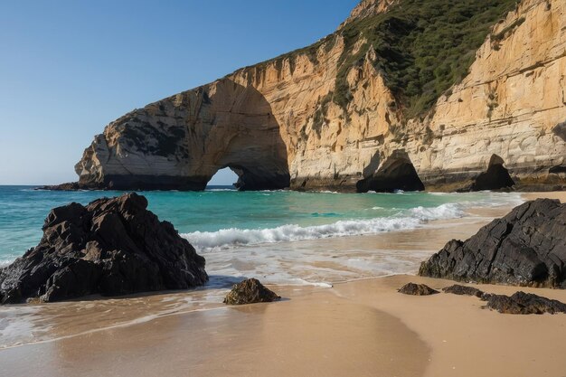 Playa idílica con altos acantilados y mar turquesa