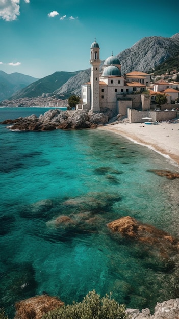 Una playa con una iglesia