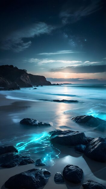 La playa iluminada por la luna con olas bioluminescentes brillantes