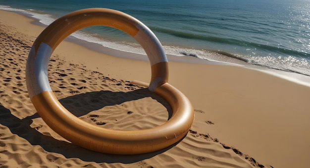 una playa iluminada por el sol con un círculo inflable flotando con gracia en las aguas tranquilas