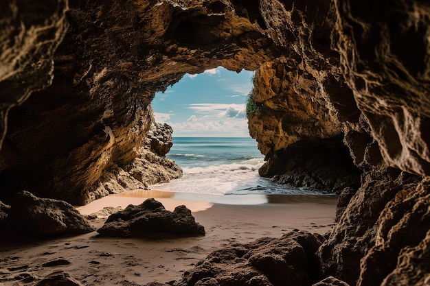 la playa desde el interior de una gran cueva de roca