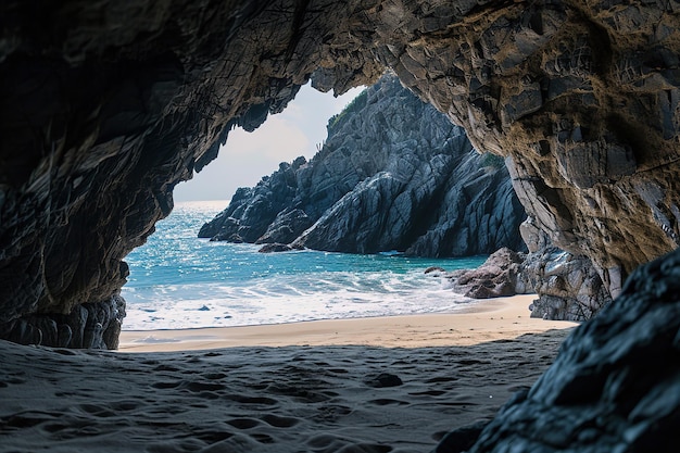 Foto la playa desde el interior de una gran cueva de roca