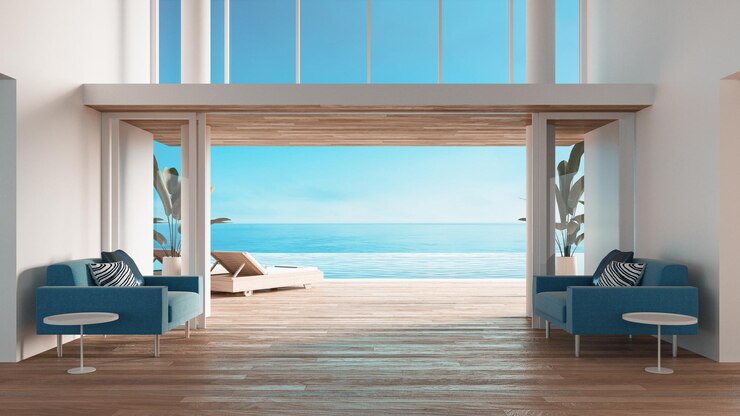 playa interior vista al mar hotel y resort renderizado 3D