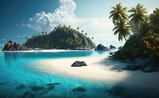 Una playa con una isla tropical en el medio.
