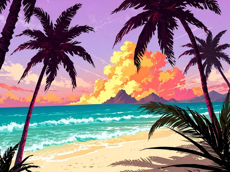 playa de una isla tropical con palmeras y pintura de sol ilustración