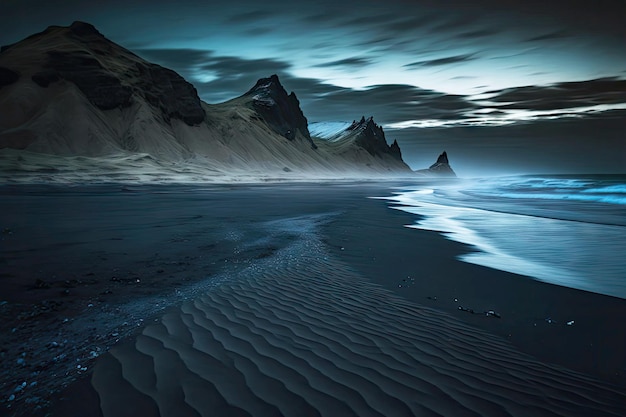 Playa de islandia ventosa desierta antes del amanecer