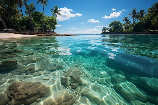 Una playa con una laguna bordeada de palmeras y aguas tranquilas