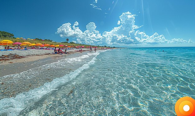 una playa con una línea de personas en la arena y el agua