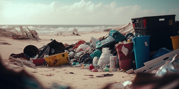 Una playa llena de basura y bolsas de plásticoContaminación de las playas