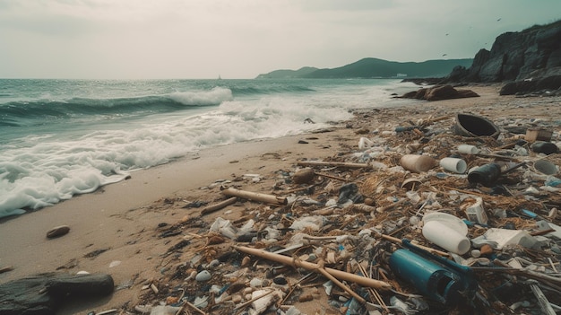 Playa llena de basura y desechos plásticos para conceptos ambientales y de reciclaje