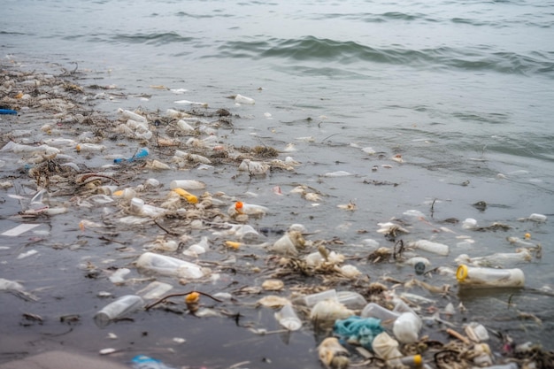 Una playa llena de botellas de plástico y basura.