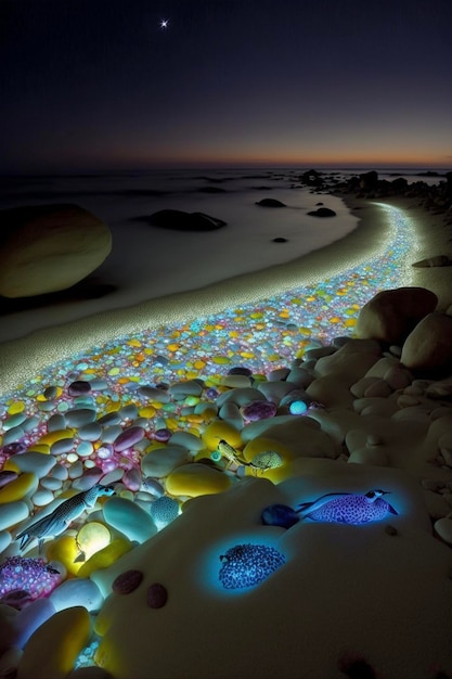 Playa llena de muchas rocas al lado del océano generativo ai