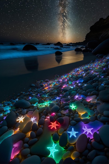 Playa llena de muchas rocas cubiertas de luces de colores ai generativo