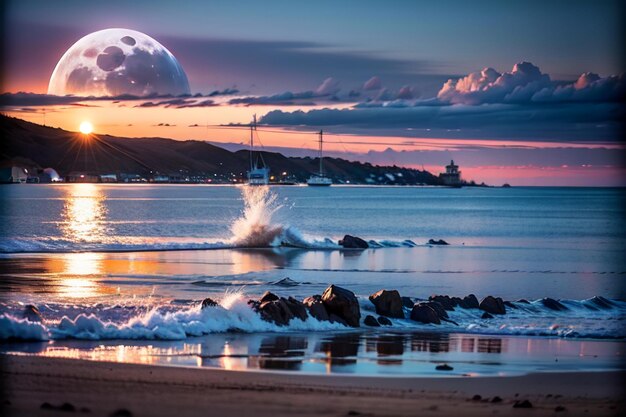 Una playa con luna llena y una playa con luna llena de fondo