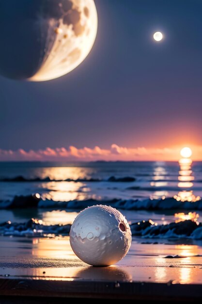 Una playa con una luna y una pelota de playa.