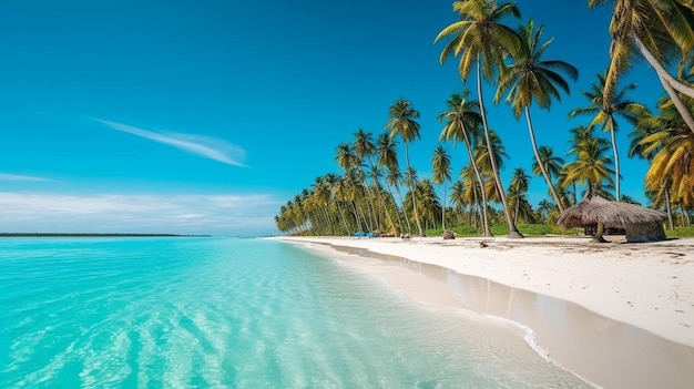 Una playa en las maldivas con palmeras en primer plano