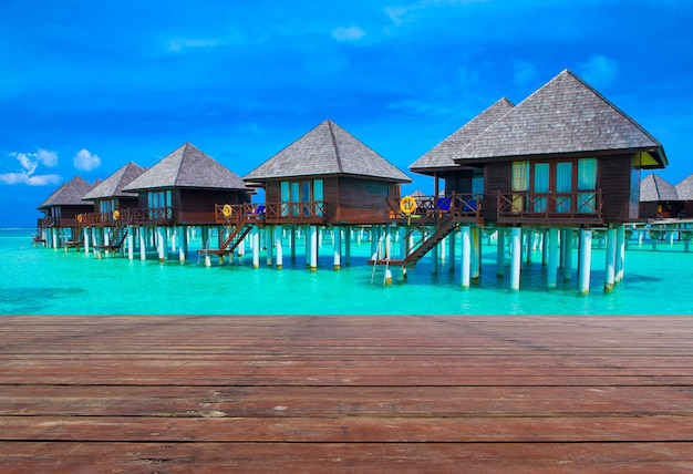 Playa en Maldivas con pocas palmeras y laguna azul