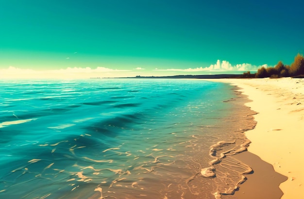 Una playa con mar y arena con cielo y sol.